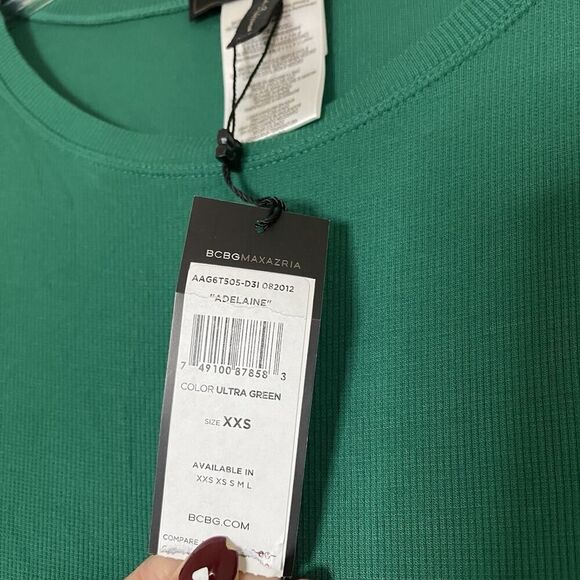 NEW! BCBGMAXAZRIA Adelaine ultra green long sleeve ribbed bodycon maxi dress XXS - Picture 3 of 7